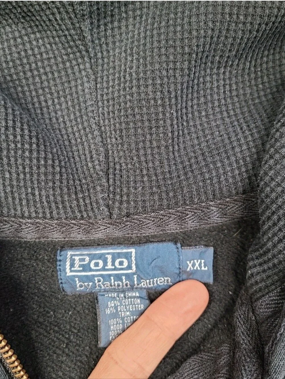 Vintage Polo Ralph Lauren Hoodie Mens 2XL Black Heavy Full Zip Thermal Fade Y2K
